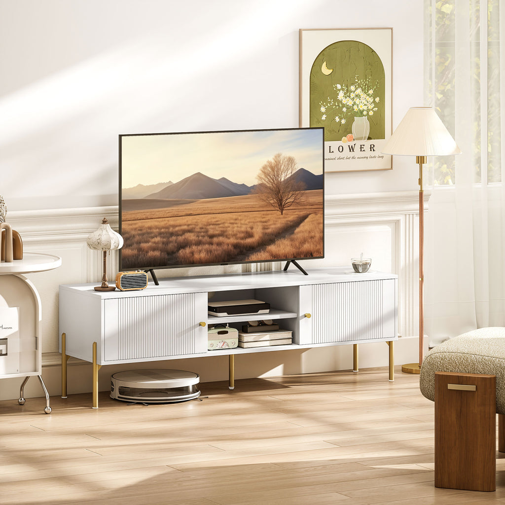 ንቲቪ ስታንድ ንቲቪ ክሳብ 65"፣ መዝናኒ ማእከል ምስ 2 ክፍት መደርደሪታት፣ 2 ካቢኔታትን ሓጺን እግርን ንክፍሊ መነባብሪ፣ ጸሊም