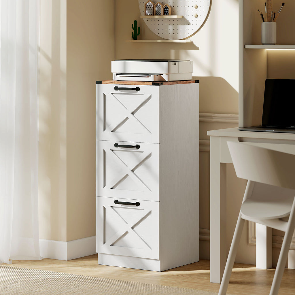3 Drawer File Cabinet with Silent Slides, Vertical Farmhouse Filing Cabinet Fits Letter/A4 Size Home Office, White