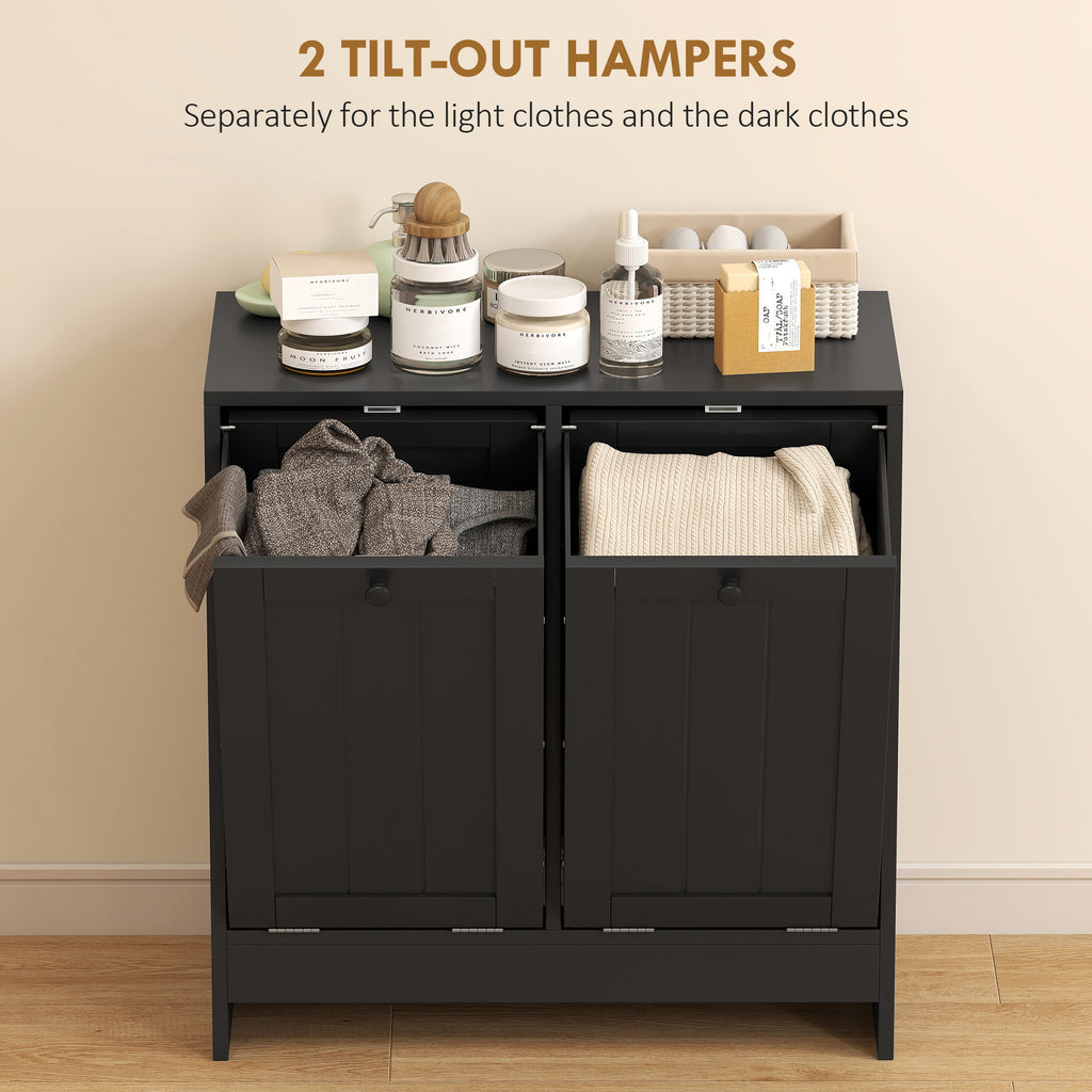 Tilt-Out Laundry Storage Cabinet, Modern Laundry Hamper with 2 Compartments for Bathroom Washroom, White