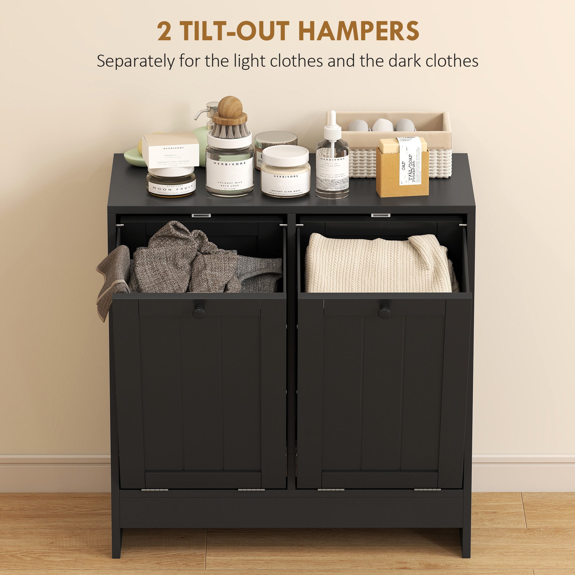 Tilt-Out Laundry Storage Cabinet, Modern Laundry Hamper with 2 Compartments for Bathroom Washroom, White