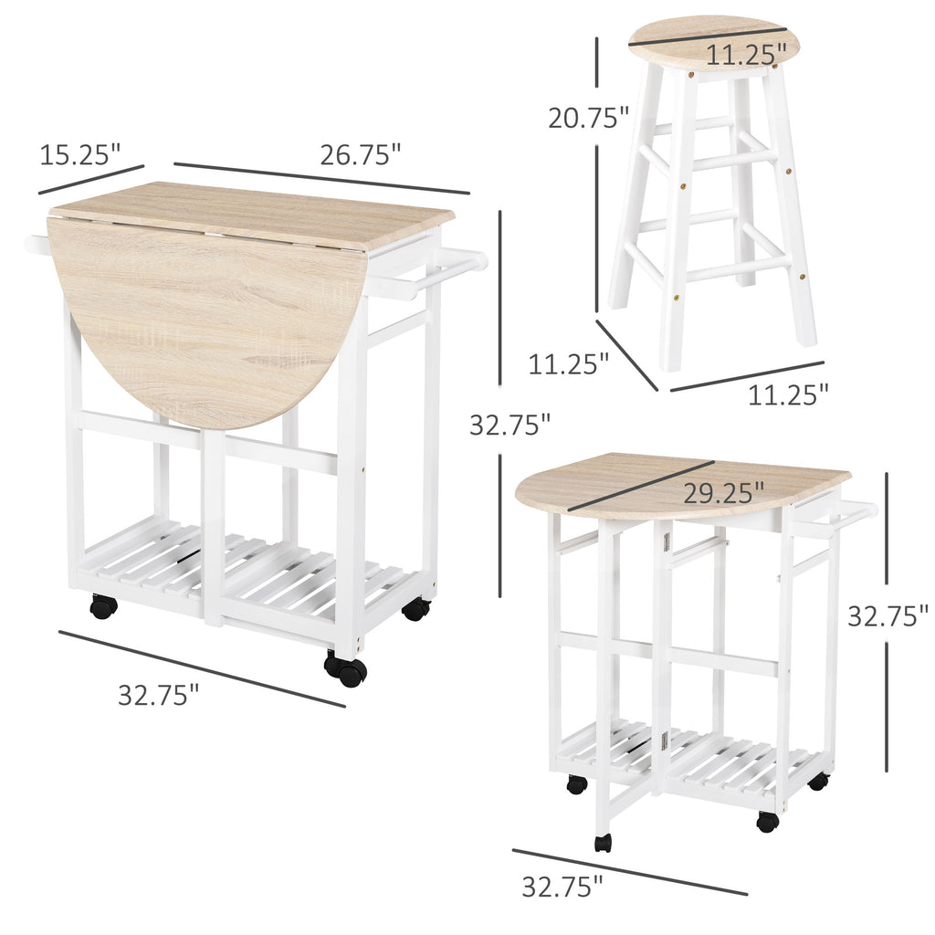 Kitchen Trolley 3 Piece Kitchen Cart Set Drop Leaf Breakfast Table and 2 Stools w/ Rolling Wheels & Towel Bars, Wood & White