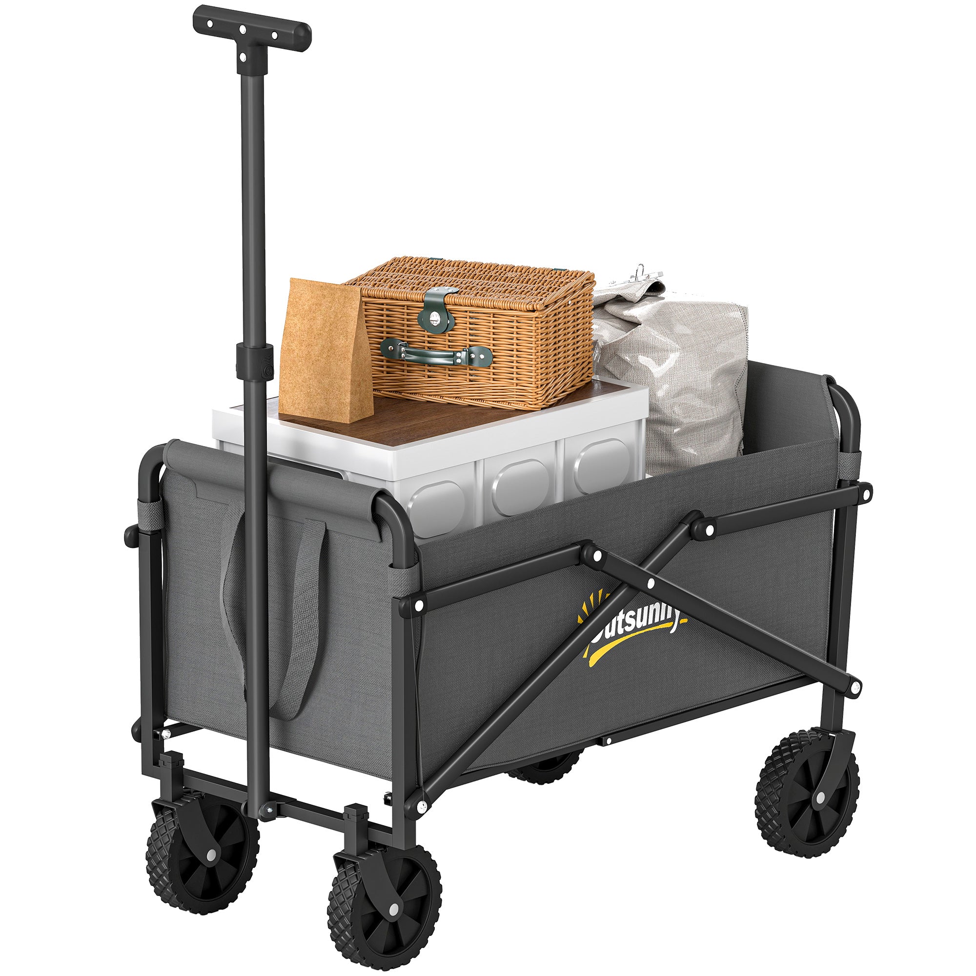 Collapsible Folding Garden Cart, Heavy Duty Lawn Wagon with Universal Wheels and Adjustable Handle, Black