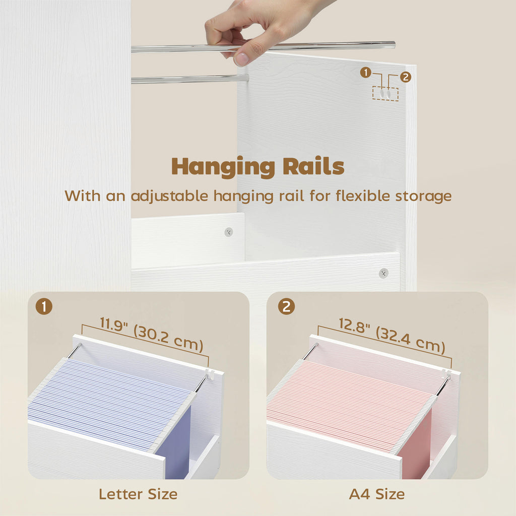 Computer Desk with 3 Drawers, 47" Home Office Desk with Adjustable Hanging Rails for Letter A4 Files, White