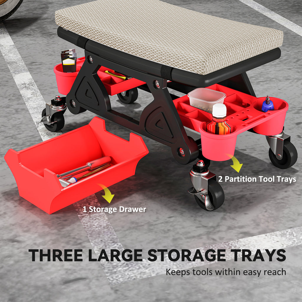 Rolling Garage Stool with Wheels, 300 LBS Capacity Padded Mechanic Stool with Tool Trays Storage, Grey