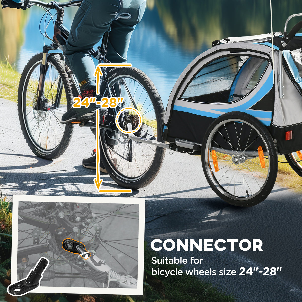 Aosom 2 Seat Bike Trailer for Kids 2-in-1 Double Baby Stroller with Handbrake, Rubber Wheels, 5 Point Harness, Waterproof Cover, Storage Bag, Reflectors, Green