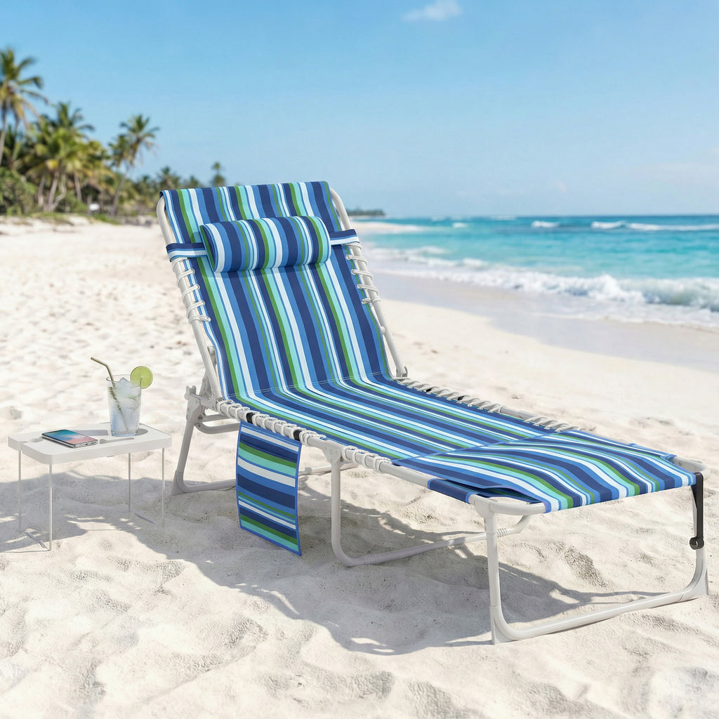 Tanning Chair with Face Hole and Side Table, Folding Outdoor Lounge Chair with Carry Straps, Side Pocket, Blue Stripe