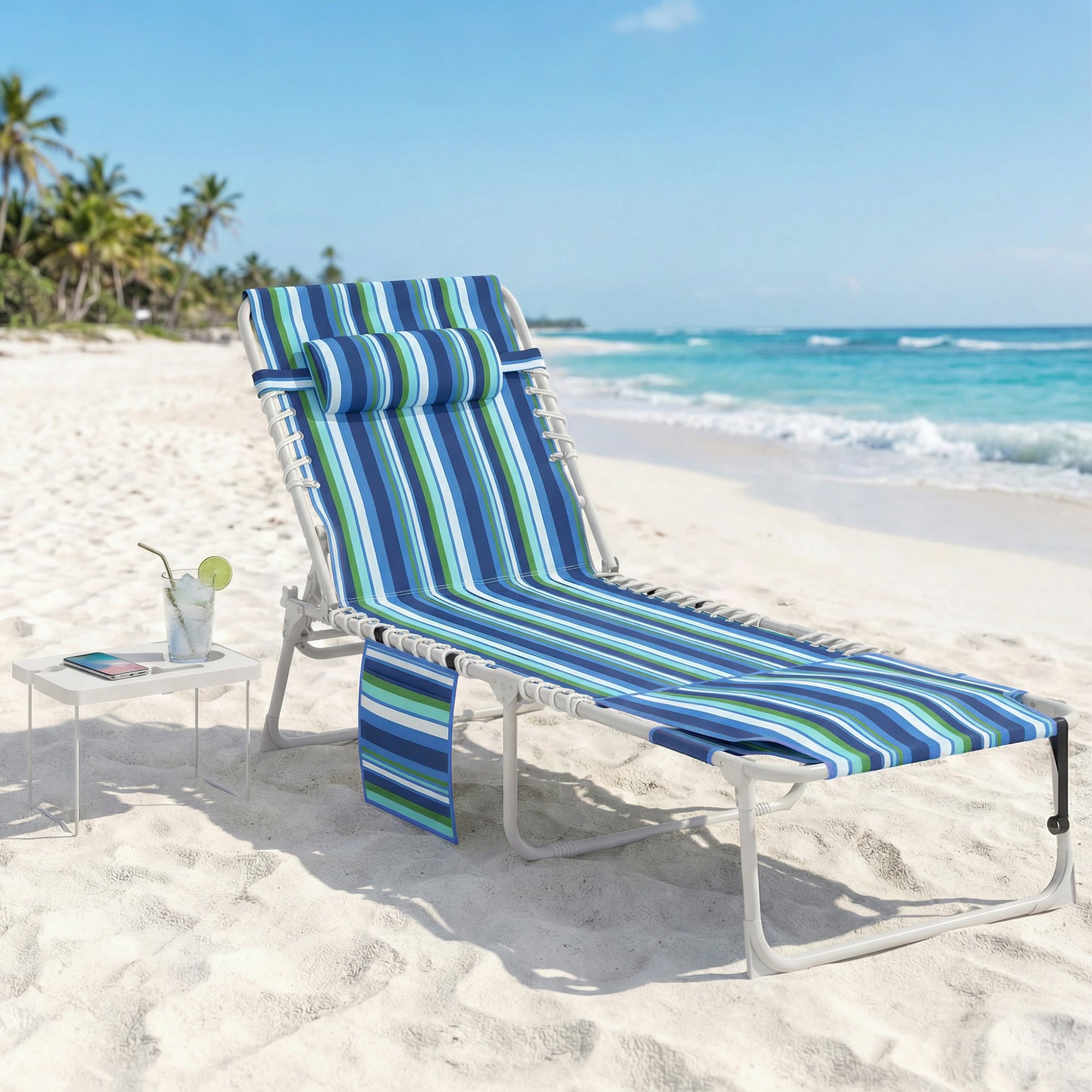 Tanning Chair with Face Hole and Side Table, Folding Outdoor Lounge Chair with Carry Straps, Side Pocket, Blue Stripe