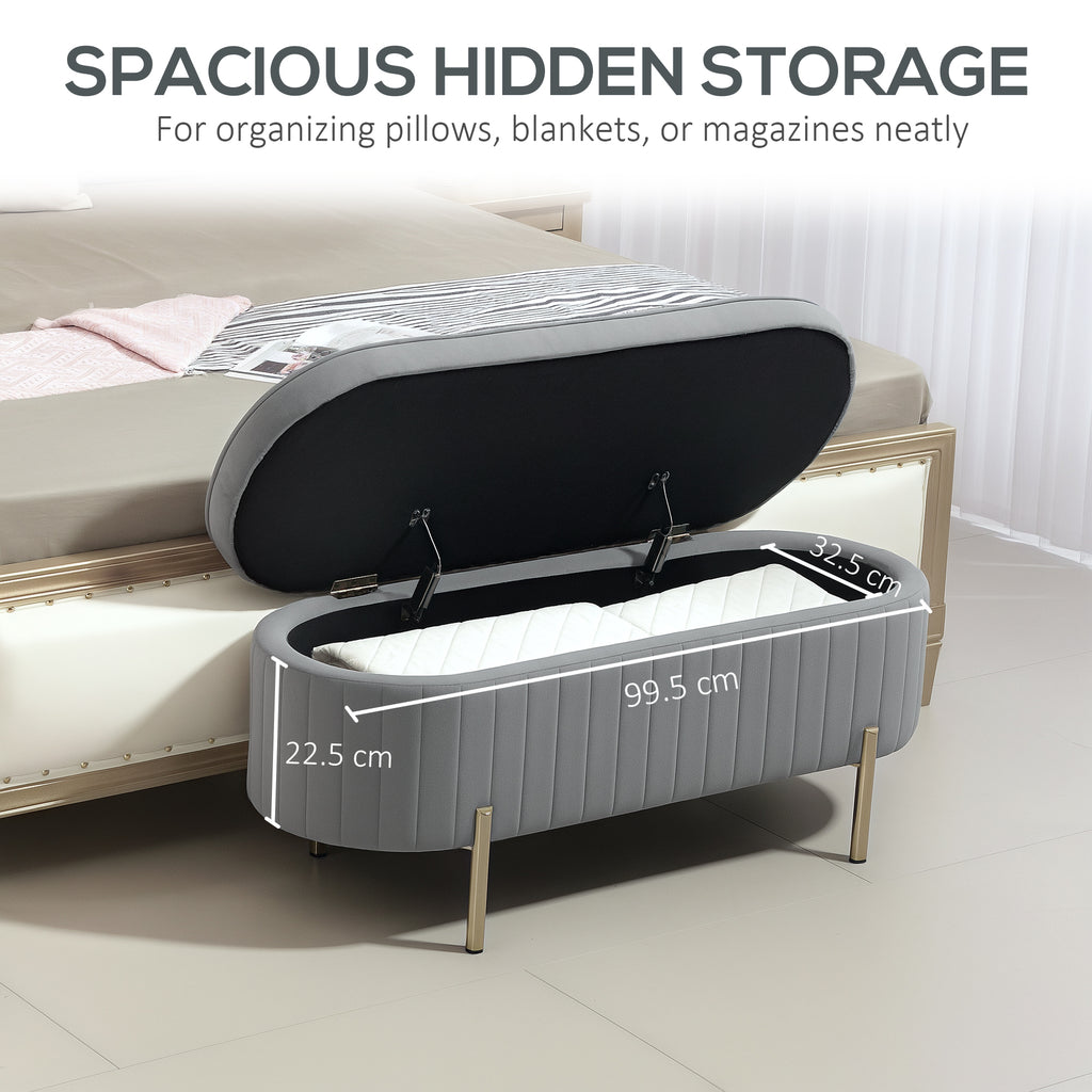 Upholstered Bedroom Bench, Channel Tufted Ottoman Bench with Thick Padding and Metal Legs, Grey