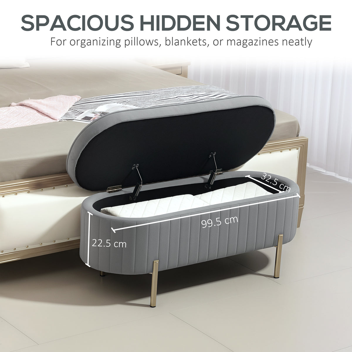 Upholstered Bedroom Bench, Channel Tufted Ottoman Bench with Thick Padding and Metal Legs, Grey