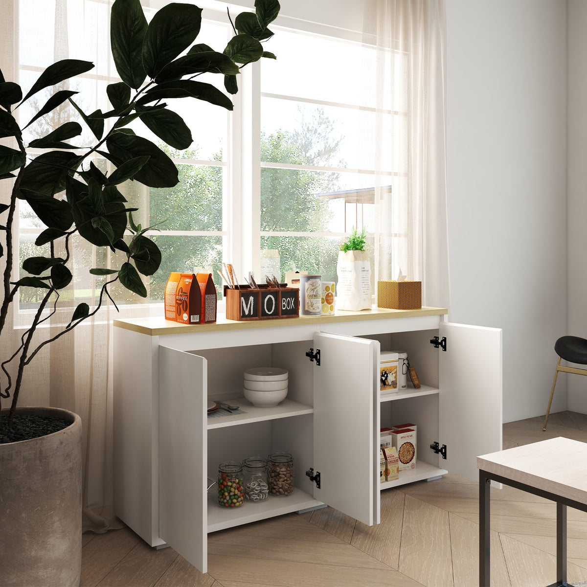 Sideboard Cabinet, Buffet Table with 2 Double Doors and Adjustable Shelves for Living Room, Entryway, White