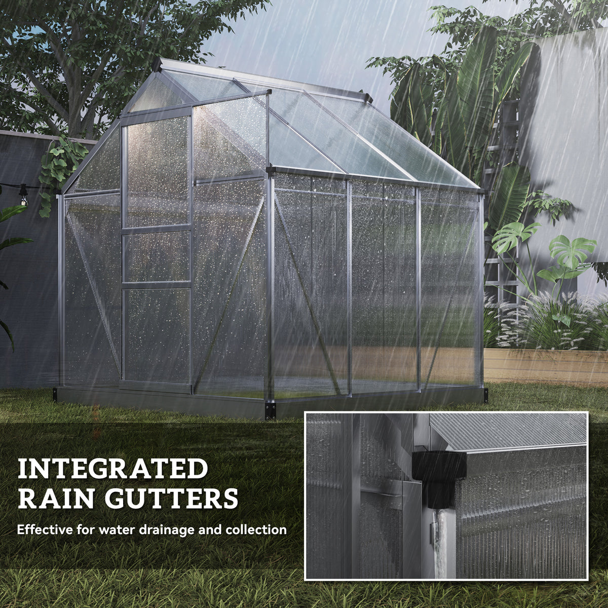 6' x 4' x 6.6' Polycarbonate Greenhouse, Walk-In Green House Kit Garden, Plants Grow, Galvanized Sheet Aluminum Frame with Rain Gutter, Vent and Sliding Door, Silver