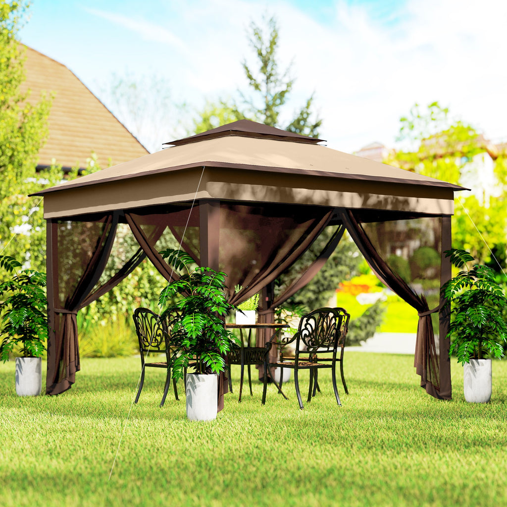 10.7 x 10.7ft Pop Up Gazebo, Adjustable Instant Sun Shelter with UV30+ Roof Cover, Removable Mesh Curtains, Beige