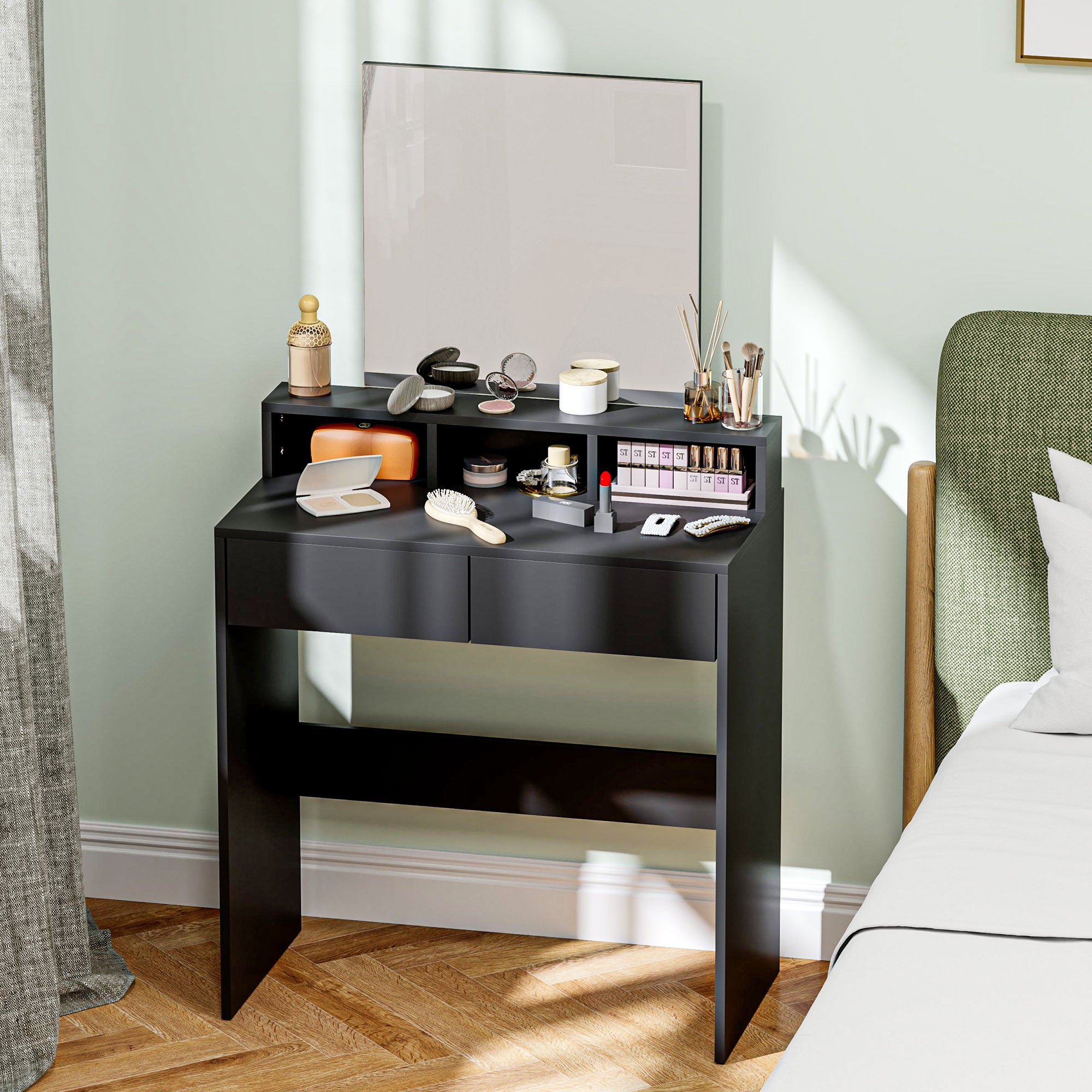 Makeup Vanity Desk with Mirror, for Bedroom, Modern Dressing Table with Drawers, Compartments, Black