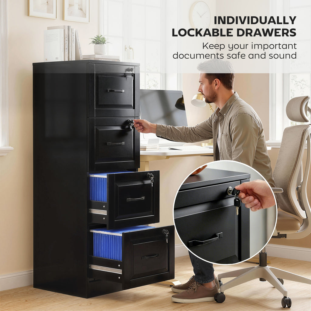 3 Drawer File Cabinet with Lock, Vertical Filing Cabinet with Adjustable Hanging Bars for A4 and Letter Size, Black