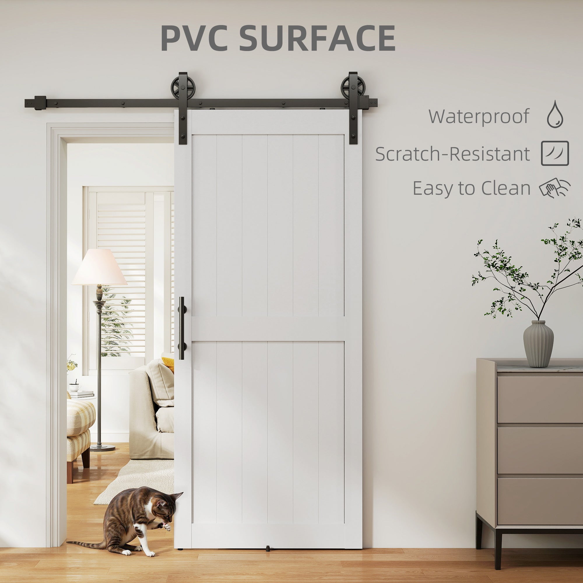 42inx84in Barn Door with 7FT Sliding Door Hardware Kit, Handle, Upgraded Rollers and Floor Guide, Waterproof, White