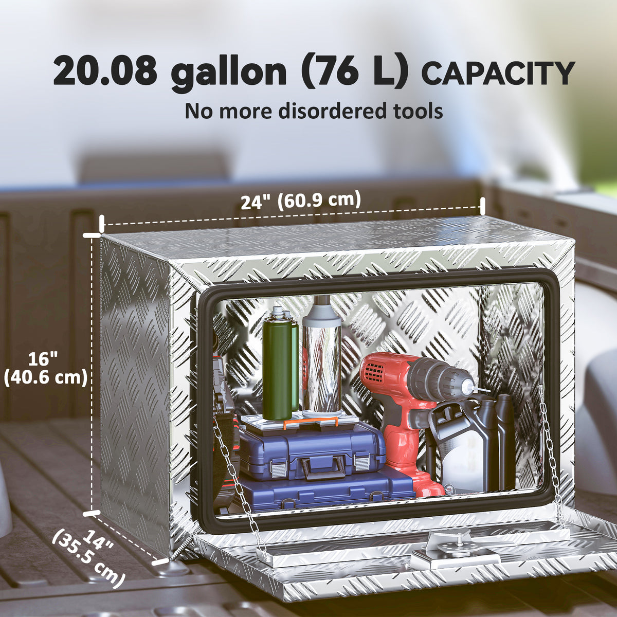 24 Inch Truck Bed Tool Box, Heavy Duty Aluminum Tool Box, Storage Toolbox Chest Organizer with Lock and Keys
