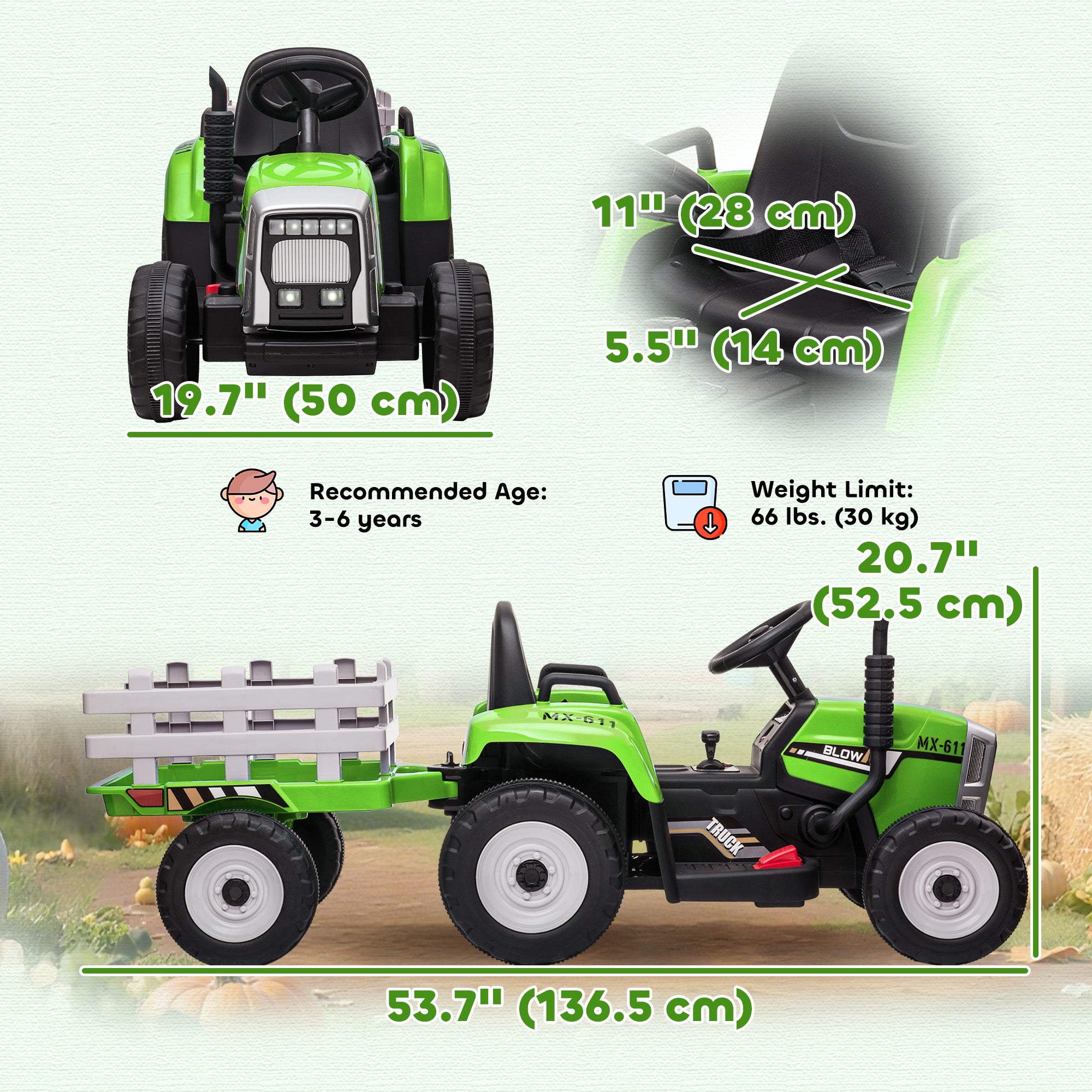Aosom 12V Kids Ride on Tractor with Trailer, Battery Powered Electric Kids Car with Remote Control, Music Start up Sound and Horn, USB, LED Lights, Green