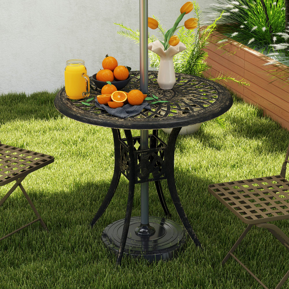 30-inch Round Patio Dining Table with Umbrella Hole Cast Aluminium Outdoor Bistro Table, Black