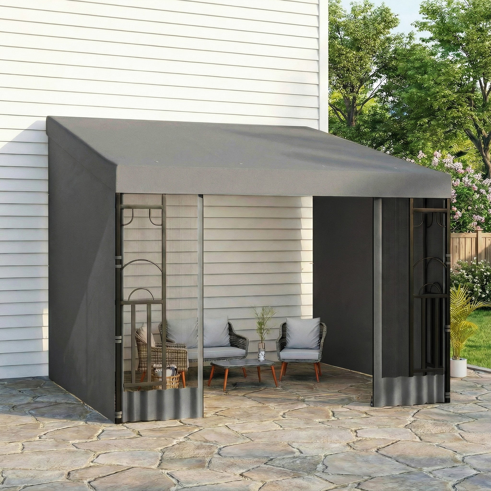 10' x 10' Wall Pergola, Outdoor Gazebo with 2 Curtains and 2 Nettings, UV Resistant, for Patio, Deck, Dark Grey