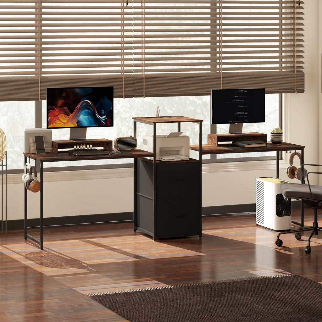 96 Inch Gaming Desk, Dual Computer Desk for 2 Person with Power Outlets and Monitor Stands, Rustic Brown
