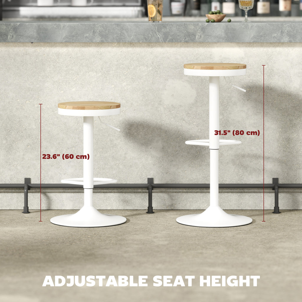 Wood Barstools Set of 2, Swivel Bar Stools with Adjustable Height for Kitchen Counter, Natural Wood and White