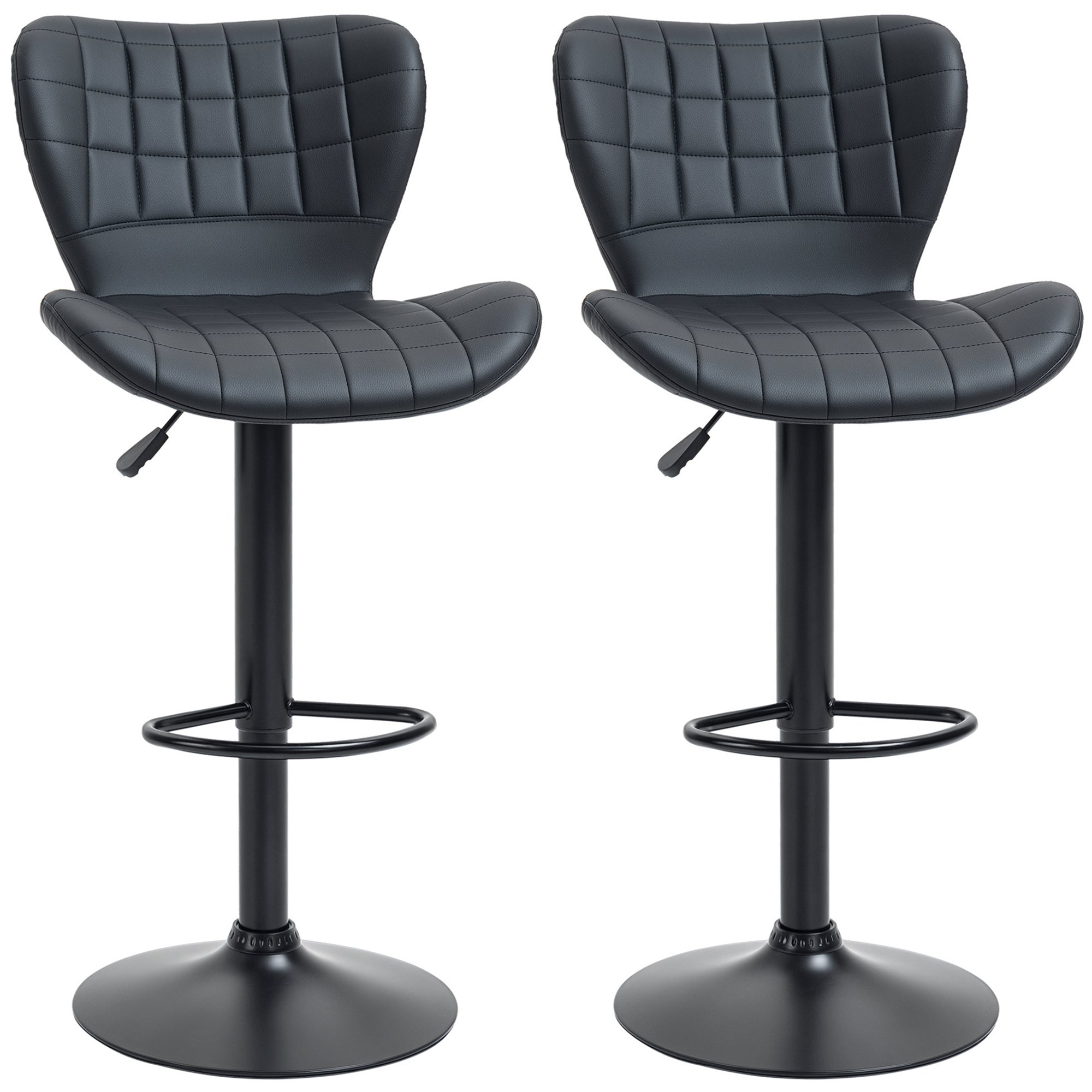 Bar Stools Set of 2, Adjustable Height Swivel Bar Chairs, PU Leather Upholstered Kitchen Counter Stools with Wide Seat, Back and Footrest, Black