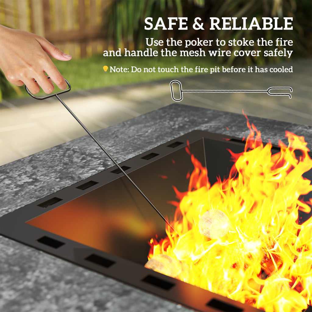 Fire Pit with Fire Poker, Wood Burning Firepit for Outside with Mesh Lid, Magnesium Oxide Stone Texture, Charcoal Grey