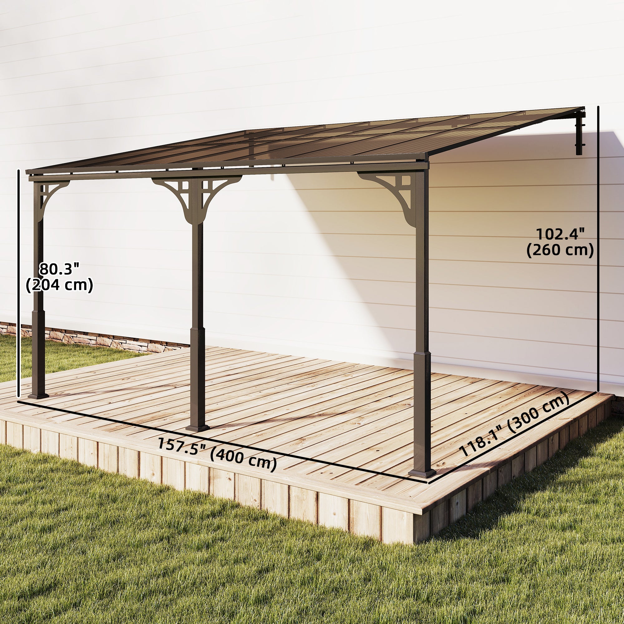 13' x 10' Lean to Gazebo, Hardtop Wall Mounted Outdoor Pergola with Polycarbonate Roof and Metal-Aluminium Frame