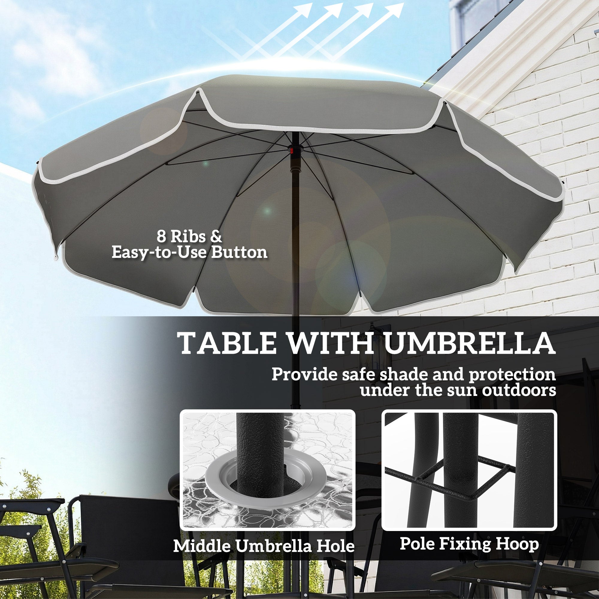 6 Pieces Patio Dining Set with Umbrella, Patio Furniture Set with Folding Chairs, Glass Table for Garden Backyard, Grey