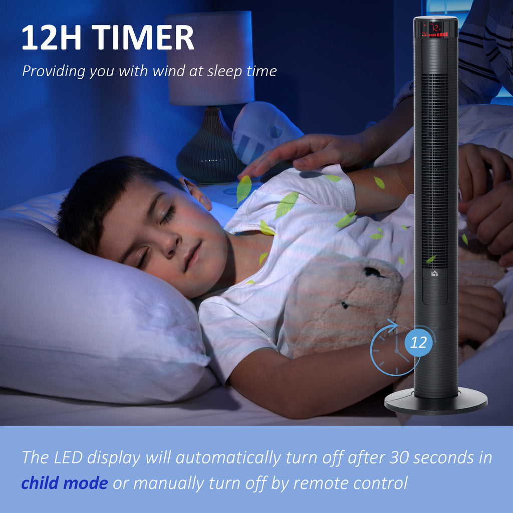 Freestanding Tower Fan Cooling for Home Bedroom with 3 Speed, 12h Timer, Oscillating, LED Panel, Remote Controller, Black