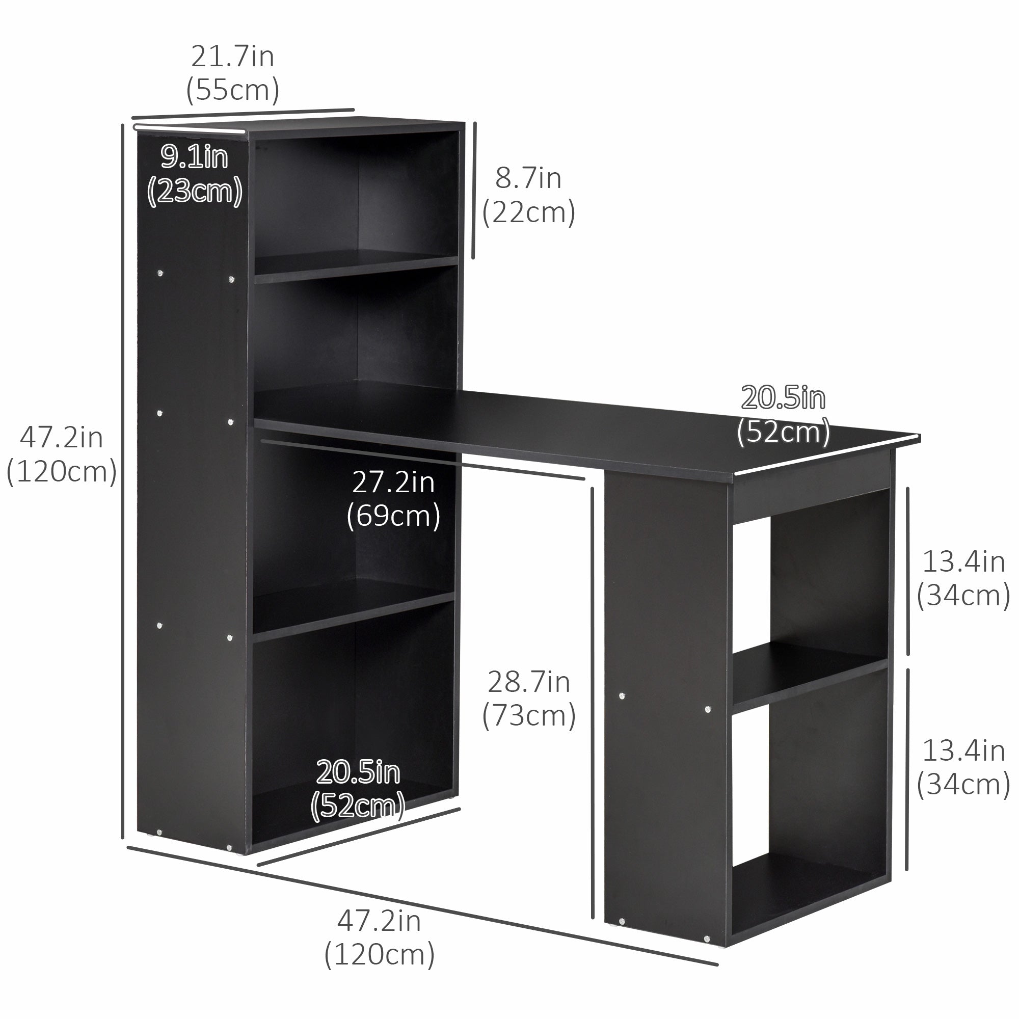 Modern Computer Desk with Storage Shelves, 47" Writing Table Workstation with Bookshelf for Home Office, White