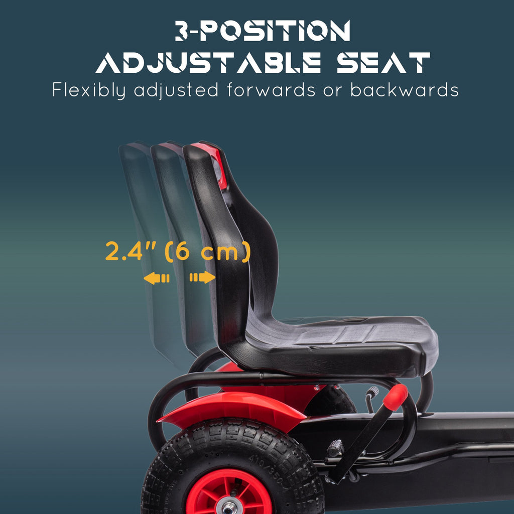 Aosom Pedal Go Kart ንህጻናት፣ ብፔዳል ዝኸይድ ማኪና ምስ ዝስተካከል ባኬት፣ ሃንድብሬክ፣ 4 ጎማታት ርበር፣ ቀይሕ