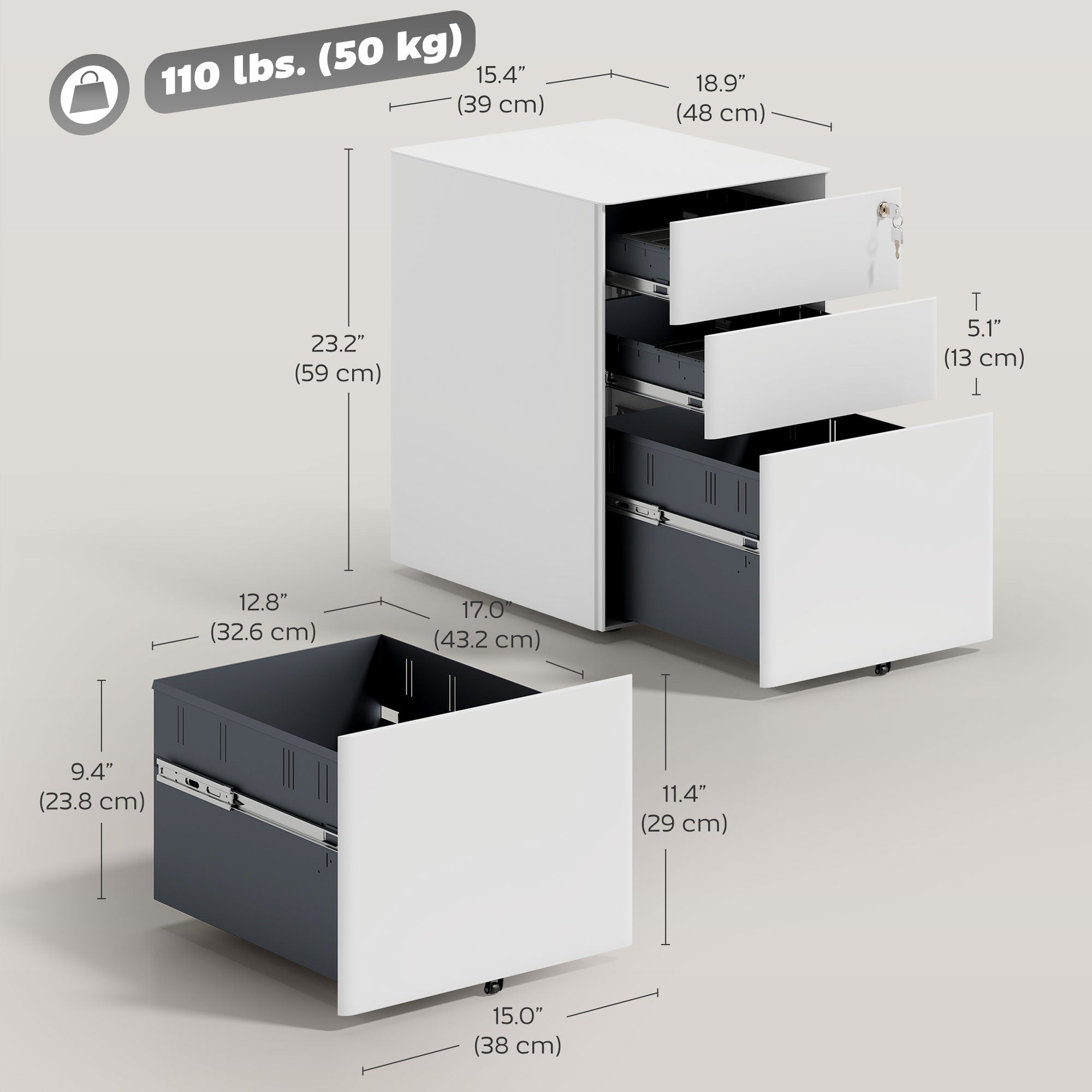 3 Drawer Filing Cabinet, Steel Home Office Storage Cabinet with Wheels, Lock for A4, Letters, Legal-sized Files, White