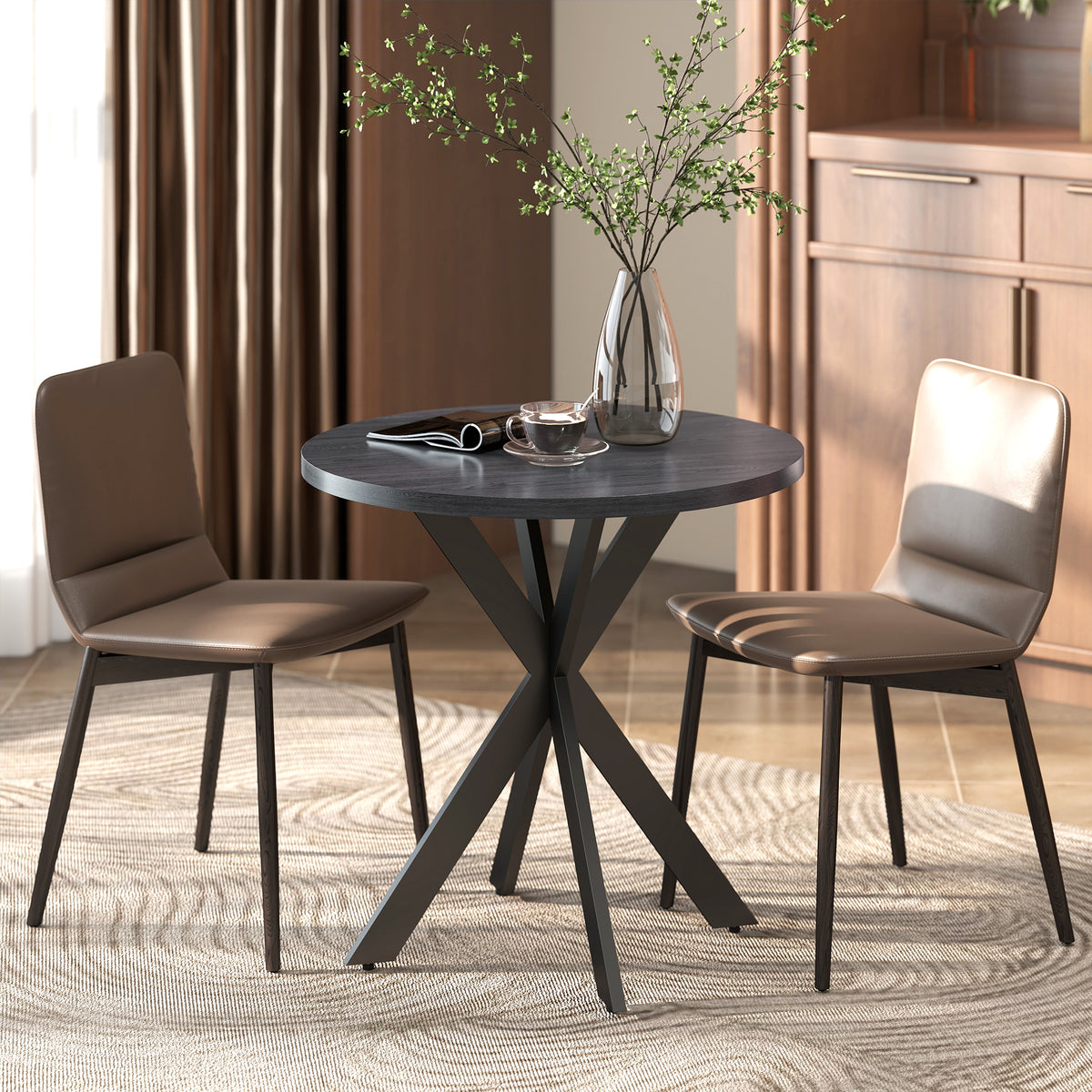 29" Dining Table, Contemporary Round Kitchen Table with Steel Legs, Brown
