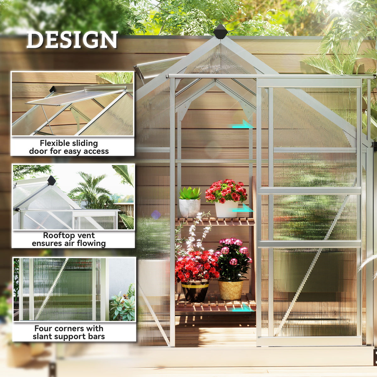 6' x 4' x 6.6' Polycarbonate Greenhouse, Walk-In Green House Kit Garden, Plants Grow, Galvanized Sheet Aluminum Frame with Rain Gutter, Vent and Sliding Door, Silver