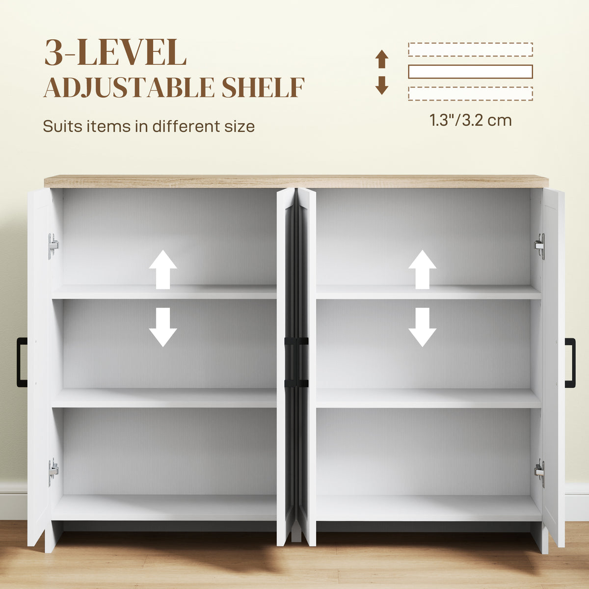 Modern Sideboard Buffet Cabinet, Modern Kitchen Storage Cabinet with 3 Doors Adjustable Shelves, for Dining Room, Black