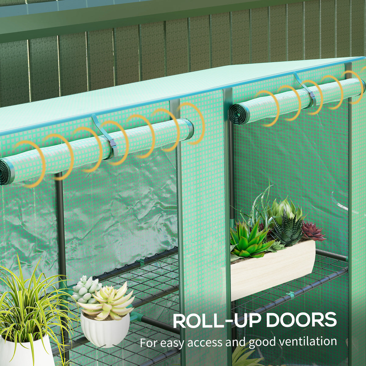 Lean-to Greenhouse with 3 Tier Shelves, Mini Greenhouse with 3 Roll-Up Doors for Indoor Outdoor, Green