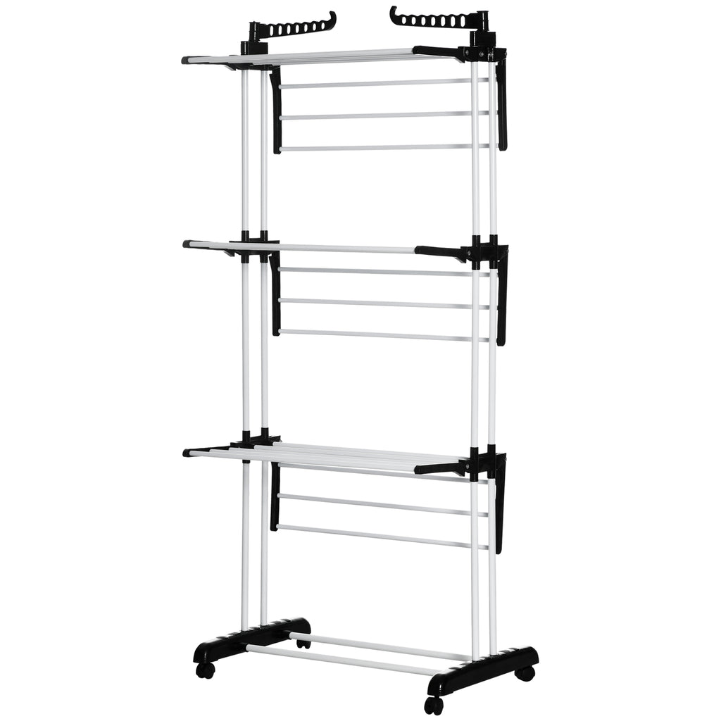 Foldable Clothes Drying Rack, 4-Tier Steel Laundry Rack for Drying Clothes with 2 Side Wings and 4 Castors, Indoor and Outdoor Use, Black