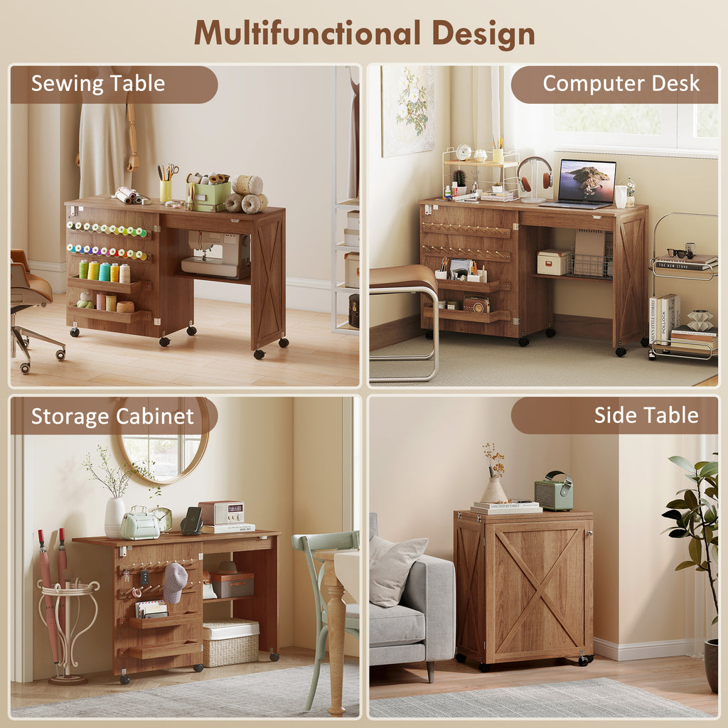 Sewing Machine Table on Wheels, Folding Craft Table with 2 Bins, Storage Shelf, 18 Pegs, Lockable Wheels, Brown