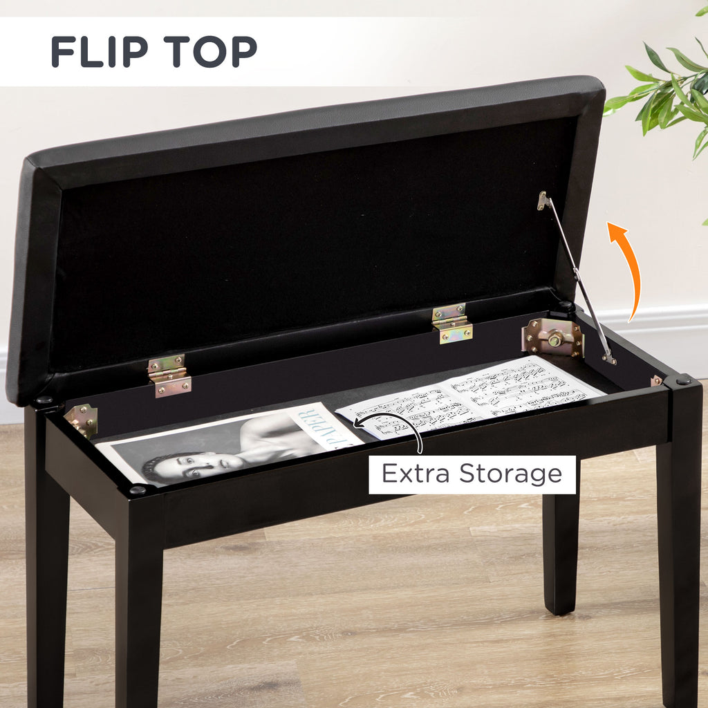 Classic Piano Bench Stool, PU Leather Padded Keyboard Seat with Rubber Wood Legs and Music Storage Compartment, Smooth Seat, Black