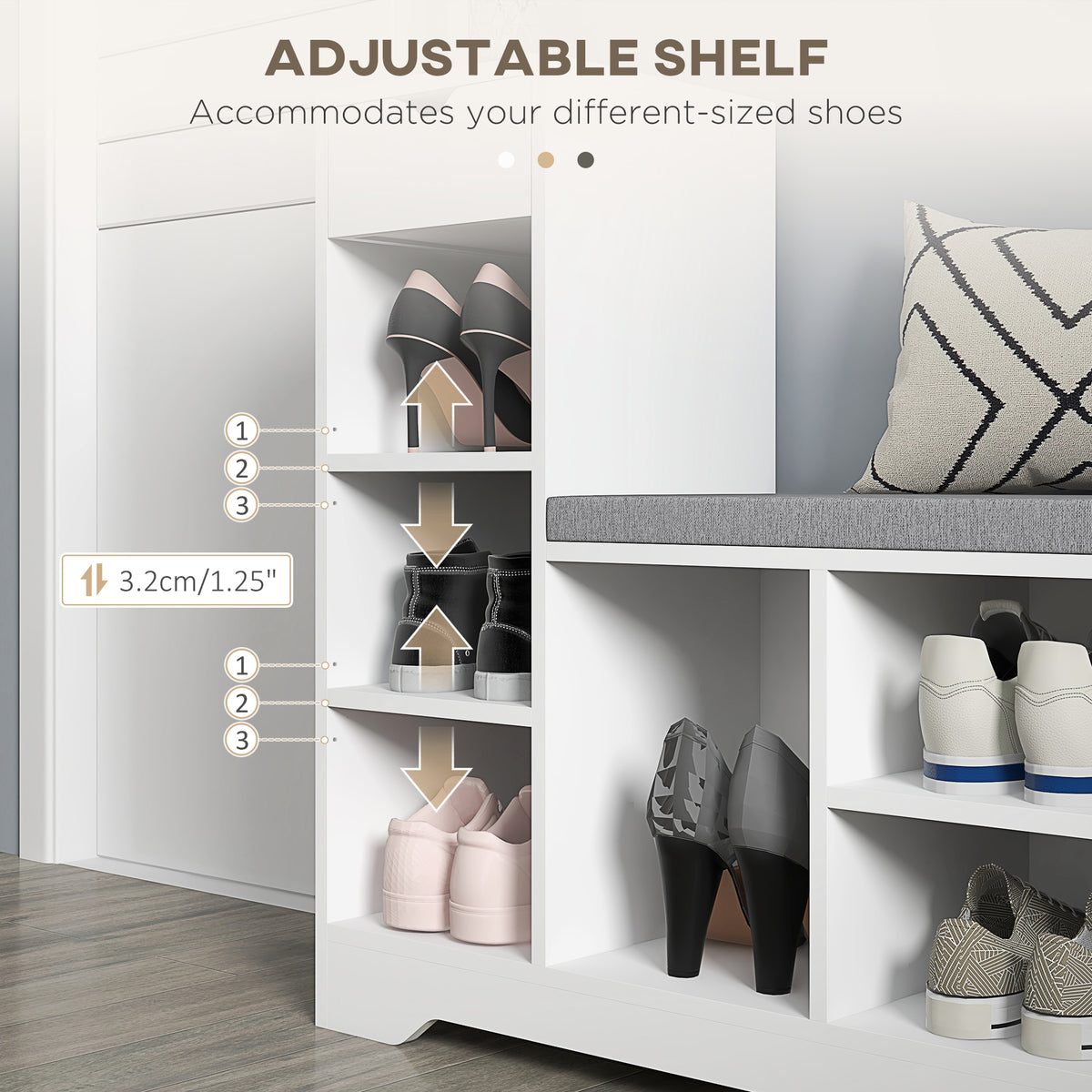 Upholstered Shoe Storage Bench w/ Seat, Entrance Bench w/ Drawer and 6 Open Shelves for Hallway, White