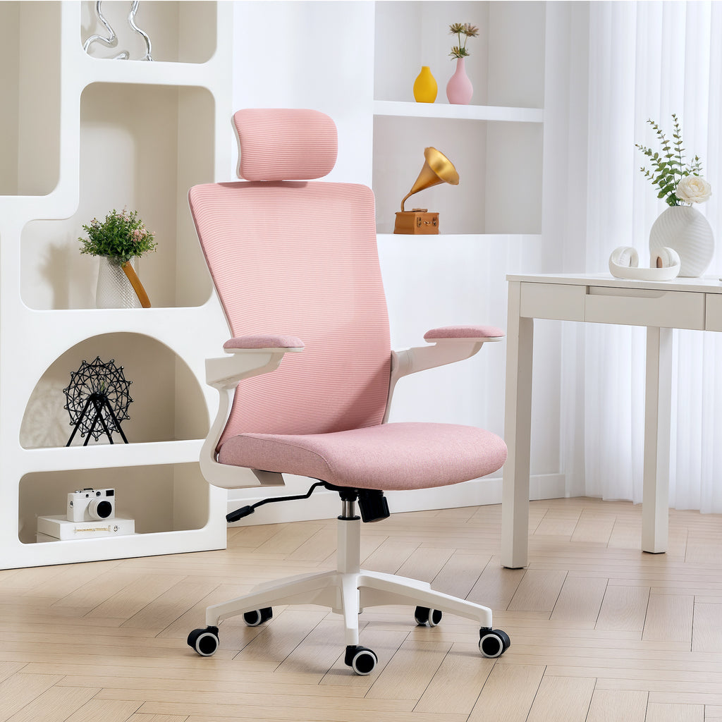 Ergonomic Office Chair, Swivel Desk Chair with Adjustable Lumbar Support, Headrest and Height, Flip-up Armrests, Pink
