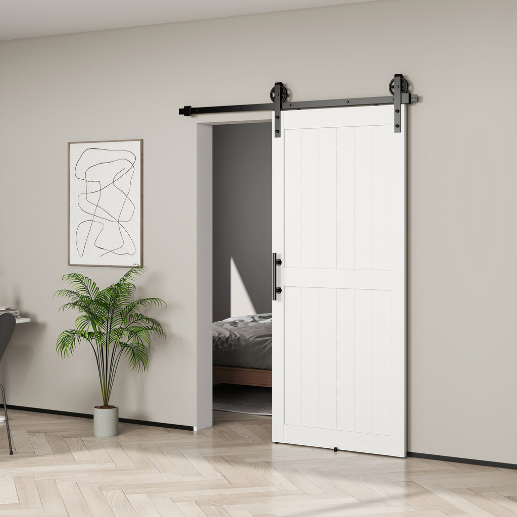 42inx84in Barn Door with 7FT Sliding Door Hardware Kit, Handle, Upgraded Rollers and Floor Guide, Waterproof, White