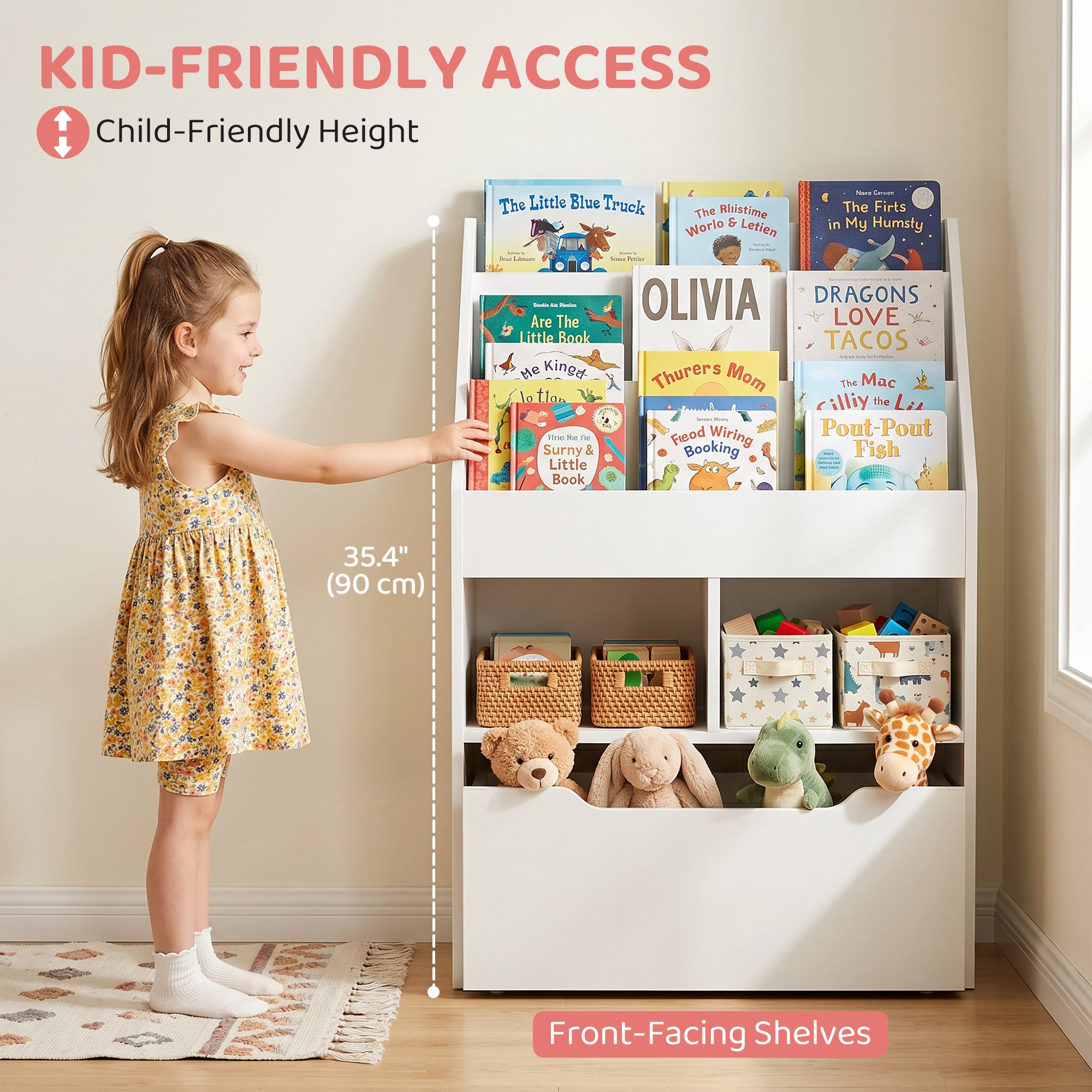 Kids Bookshelf Bookcase, Montessori-Inspired 4 Tier Large Capacity Rack Organizer with Moveable Drawer for Books for Reading Nook, Classroom, Bedroom, Playroom, White