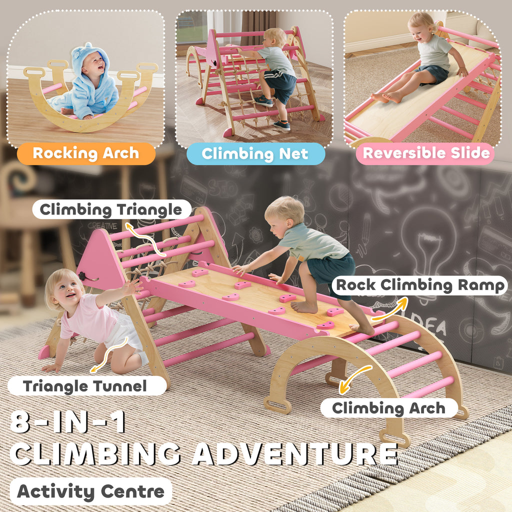 Qaba 8-in-1 Pikler Triangle Set, Foldable Wooden Climbing Toys with Arch, Ramp and Ladder for Ages 18-48 Mouths, Pink