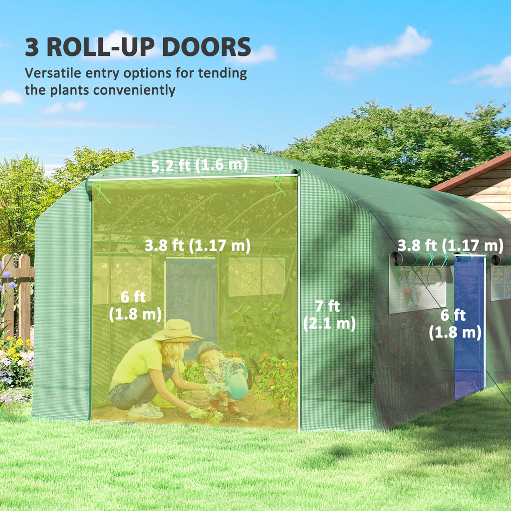 19.5' x 10' x 7.5' ትመልከት ግሪንሃውስ ምስ 3 ሮል-ኣፕ ዶርታትን ዓበይቲ መሬት መስኮታትን፣ ጋልቫናይዝድ ስቲል ፍሬም፣ ንንፋስ ዝቃወም፣ ሓምላዊ ቀለም