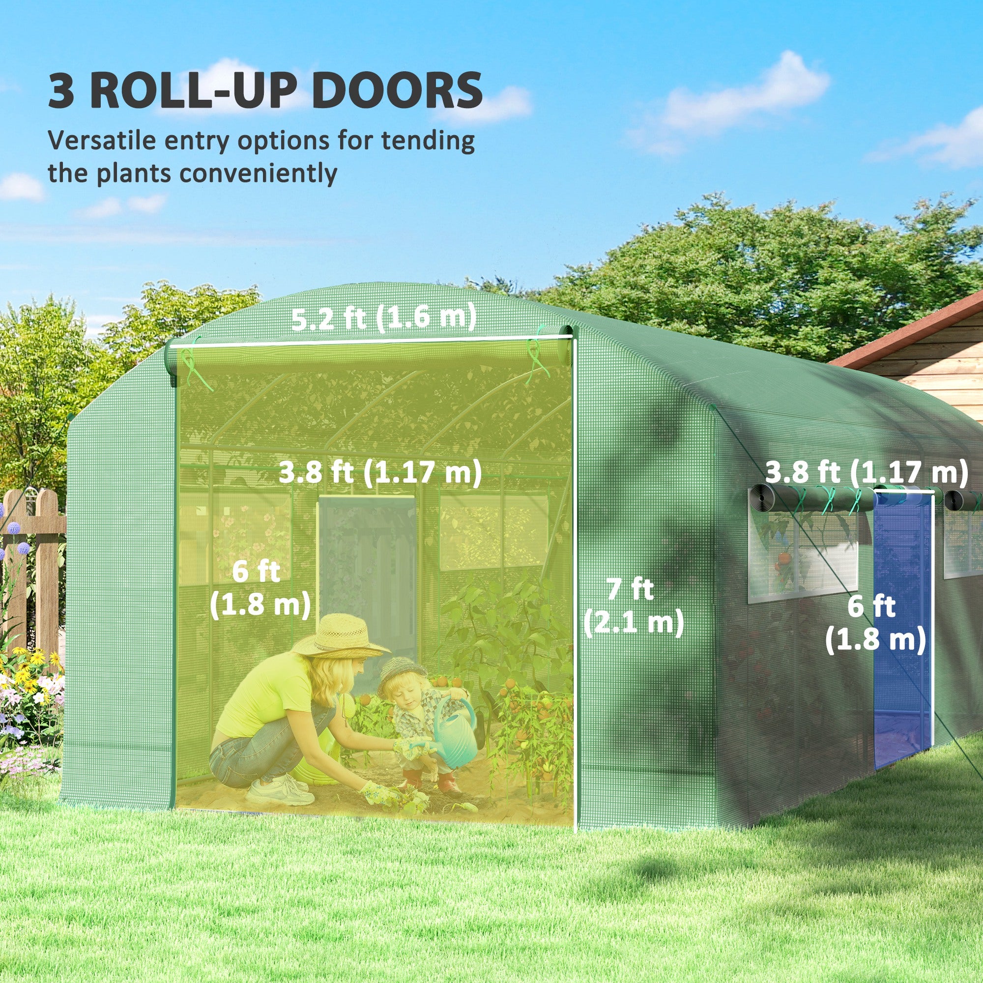 19.5' x 10' x 7.5' ትመልከት ግሪንሃውስ ምስ 3 ሮል-ኣፕ ዶርታትን ዓበይቲ መሬት መስኮታትን፣ ጋልቫናይዝድ ስቲል ፍሬም፣ ንንፋስ ዝቃወም፣ ሓምላዊ ቀለም