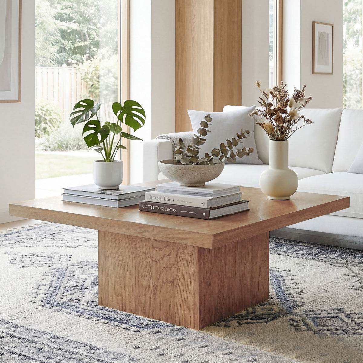Square Coffee Table, Center Table with 1.6" Thick Tabletop, Natural Wood