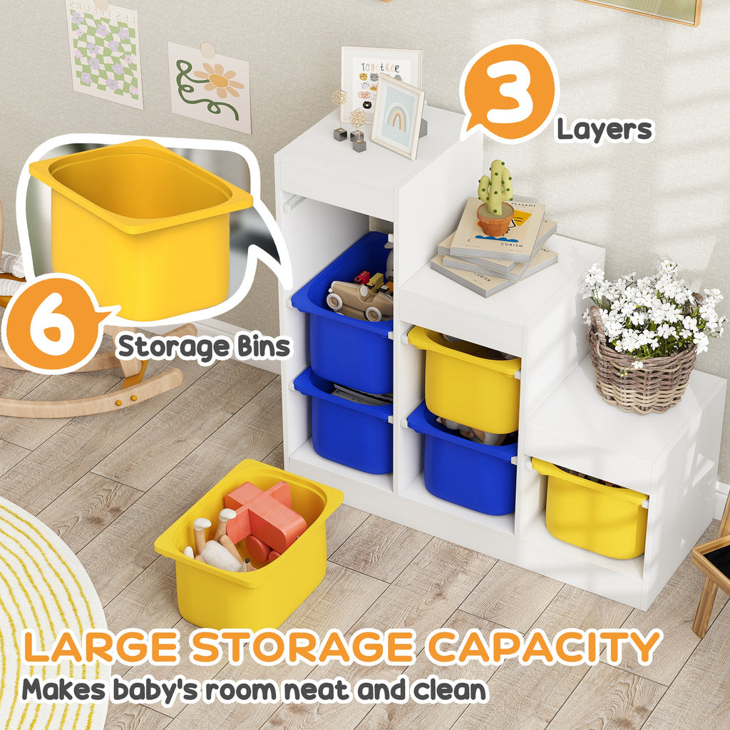 Qaba 3 Layers Toy Storage Organizer Kids Bookshelf Children Toy Storage w/ 6 Plastic Bins, Yellow & Blue