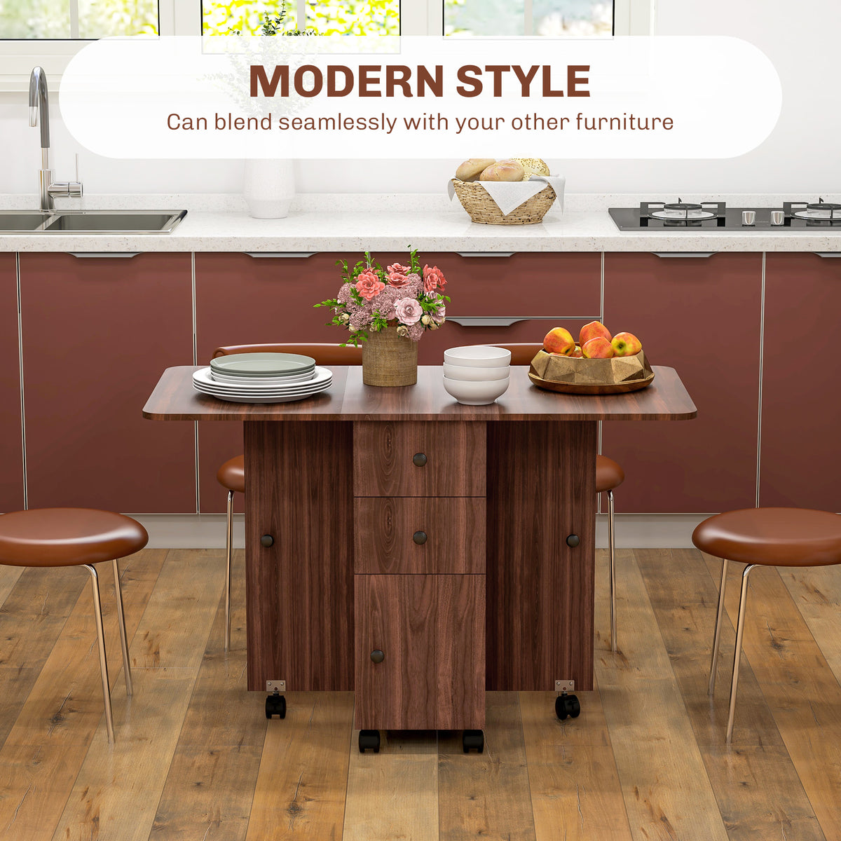 Drop Leaf Dining Table, Mobile Folding Table on Wheels with Drawers and Cabinet for Dining Room, Kitchen, Brown